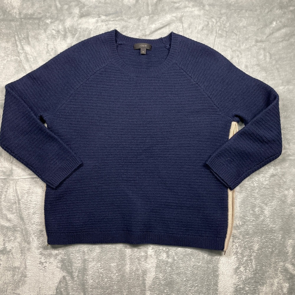 J Crew Navy Blue Merino Wool Textured Sweater Side Zippers Womens XS